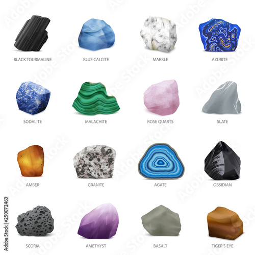 Realistic Stone Mineral Icon Set 
