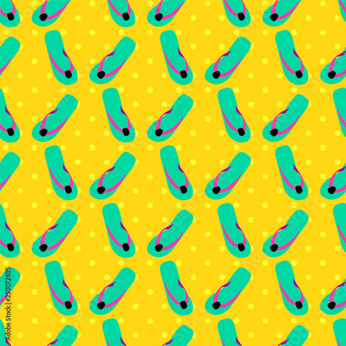 Flip flop print pattern. Seamless pattern with cute colorful sandals. Slipper pattern design on a yellow polka dot background. Summer texture vector background.