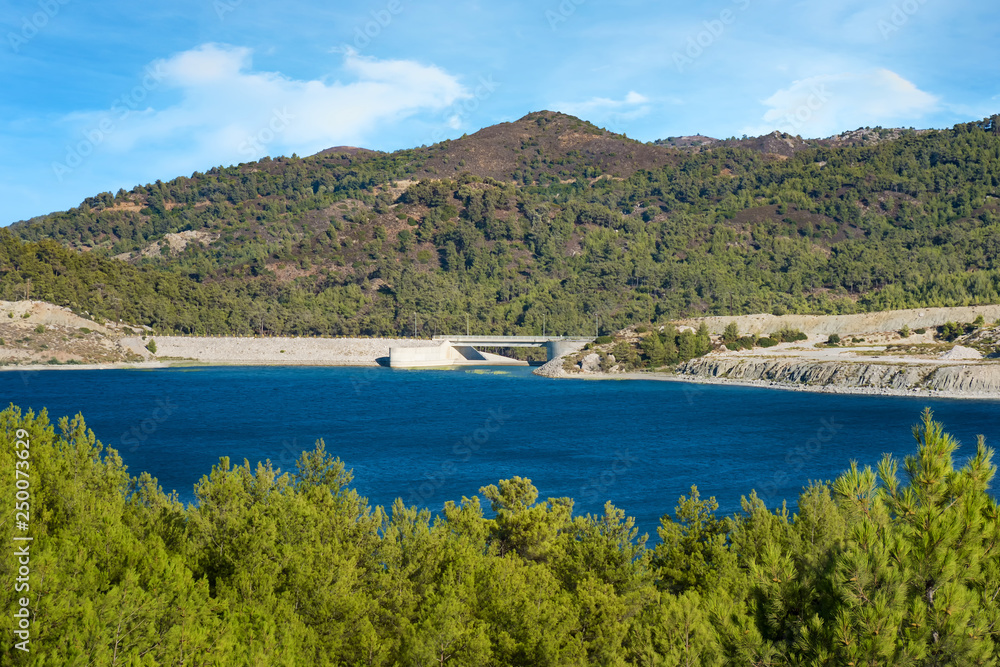 Control gate and reservoir of Gadoura Dam on Rhodes Island (Rhodes, Greece)