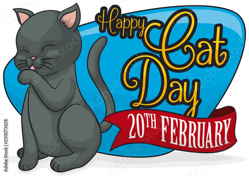 Cute Cat Licking its Paw and Primping for Cat Day, Vector Illustration