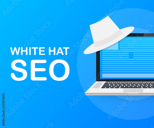 White hat seo banner. Magnifier, and other search engine optimization tools and tactics. Vector illustration.