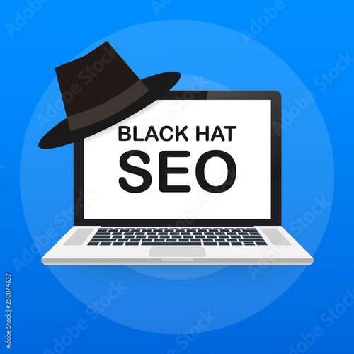 Black hat seo banner. Magnifier, and other search engine optimization tools and tactics. Vector illustration.