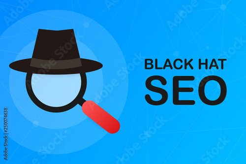 Black hat seo banner. Magnifier, and other search engine optimization tools and tactics. Vector illustration.