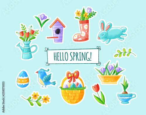 Hello spring hand drawn element collection - cute flowers, bird, bunny, easter eggs, watering can, nesting box, seasonal illustrations. Isolated on light background