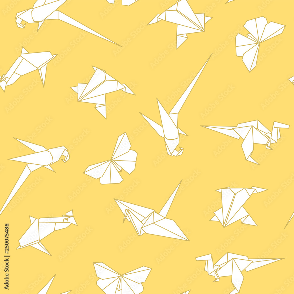 Vector seamless origami pattern with drawing paper animals. Decorative yellow background 