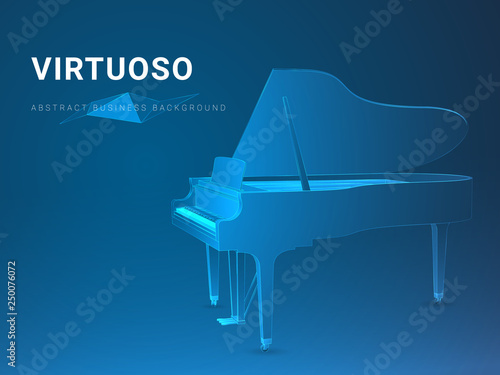 Abstract modern business background vector depicting a virtuoso in shape of an opened grand piano on blue background.