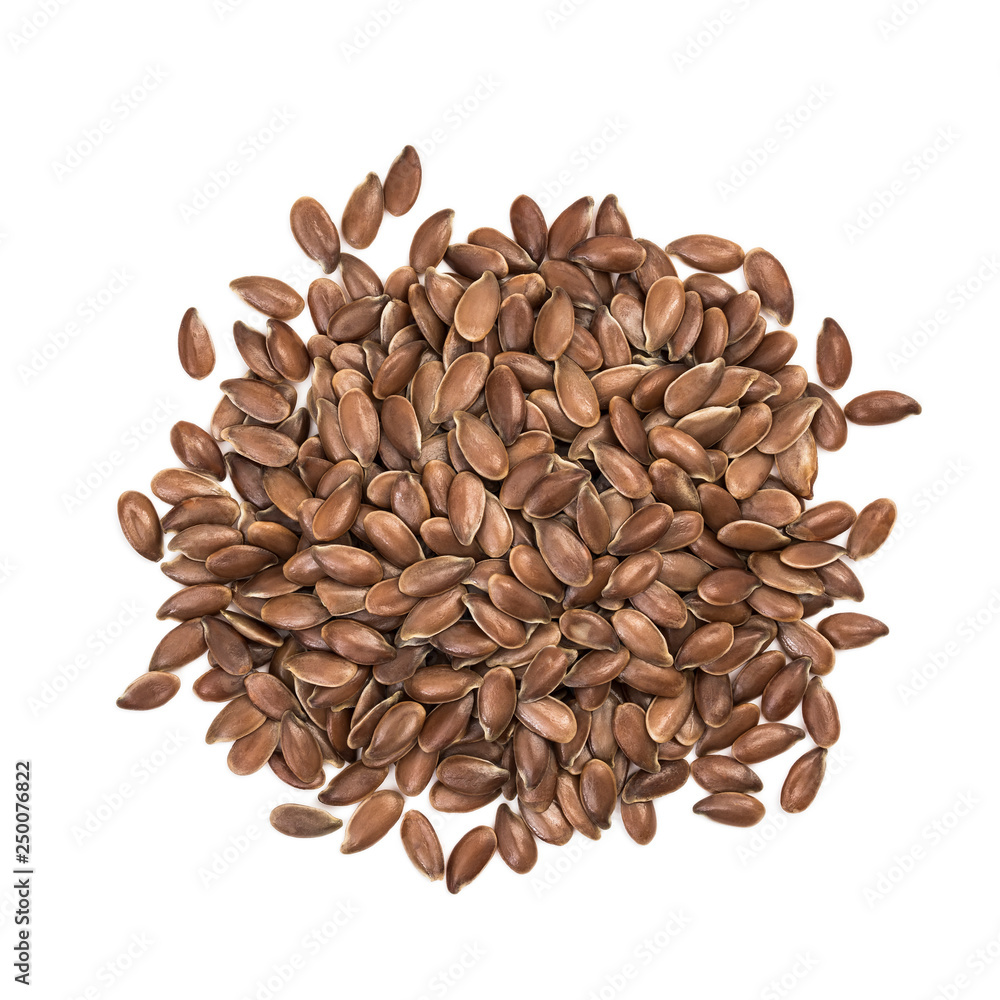 Small pile of linseeds or flax seed seen directly from above and isolated on white background Small pile of linseeds or flax seed seen directly from above and isolated on white background