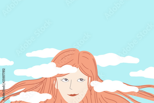 Happy woman daydreaming with her head in the clouds with copy space