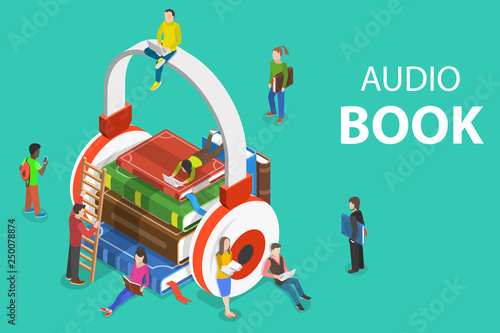 Isometric flat vector concept of audio book, education, literature listening.