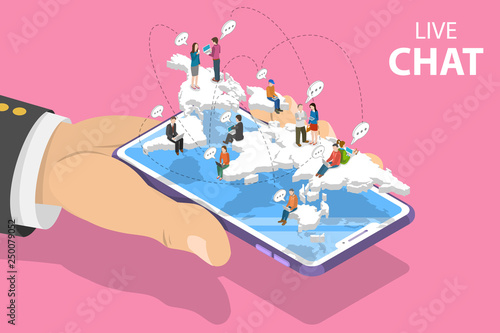 Flat isometric vector landing page template of live chat, social media network, digital communication, chatting.