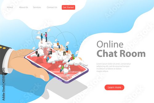 Flat isometric vector landing page template of live chat, social media network, digital communication, chatting.