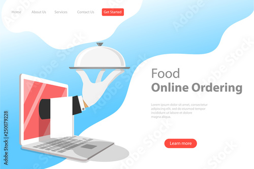 Isometric flat vector landing page template for online food ordering, home delivery, restaurant reservation.