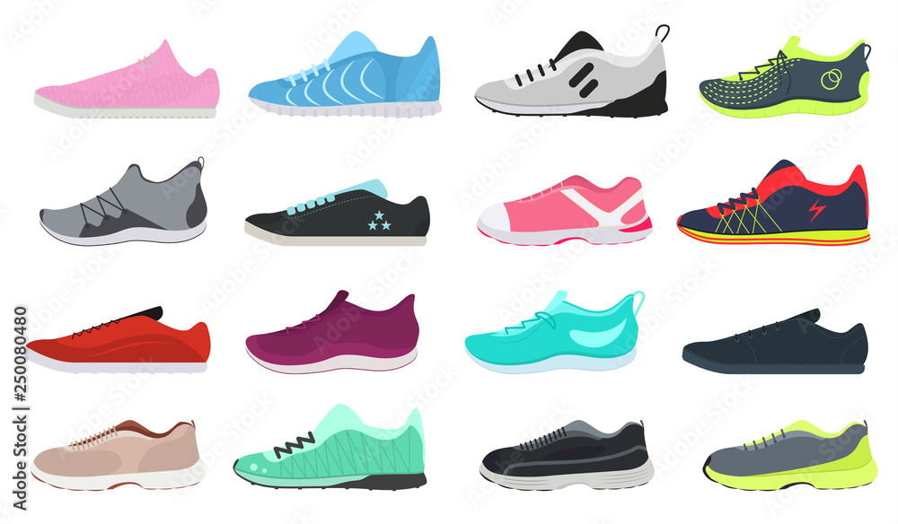 Cartoon Color Different Sneakers Shoes Set. Vector Stock Vector | Adobe  Stock