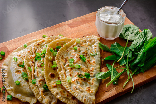 tradinional azerbaijan cuisine flat bread with herbs kutaby qutabi kutabi photo