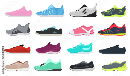 Cartoon Color Different Sneakers Shoes Set. Vector