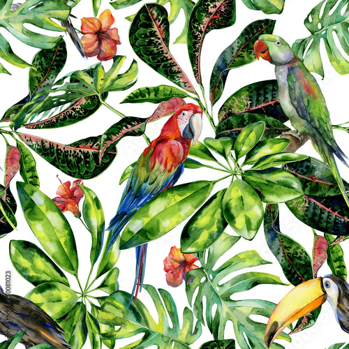 Watercolor seamless pattern of tropical leaves and birds. Toucan, scarlet macaw parrot and green Alexandrine parrot. Monstera leaves, schefflera or dwarf umbrella tree, croton plant painting.