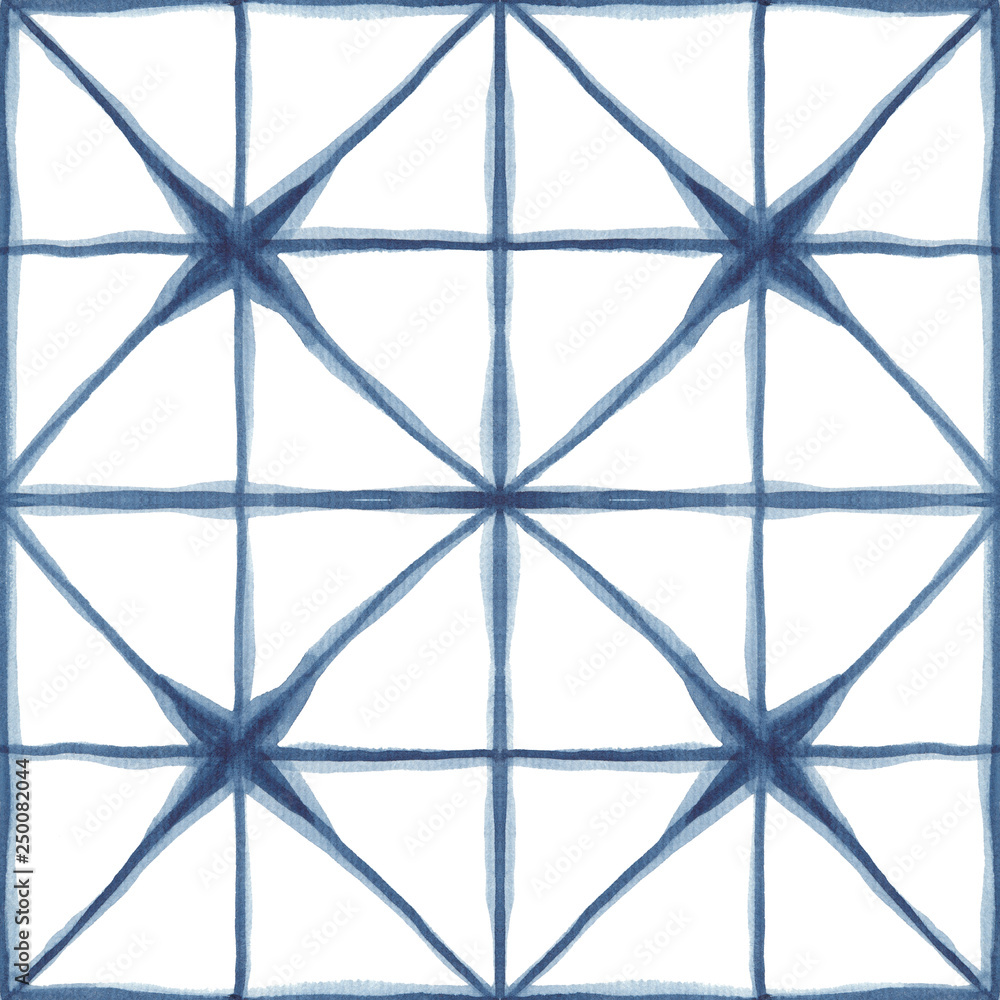 Fototapeta premium Seamless watercolor pattern shibori style with abstract indigo squares