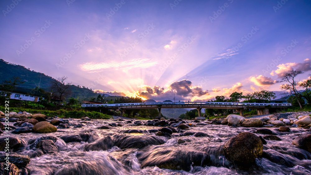 Sunset with sky and river at Kiriwong, Nakhon si tham at Kiriwong, Nakhon Si Thammarat Province, Thailand - obrazy, fototapety, plakaty 