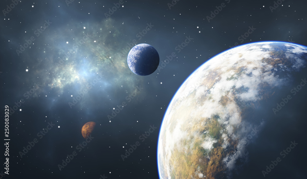 Rocky planets, Exoplanets or Extrasolar planets, space background.