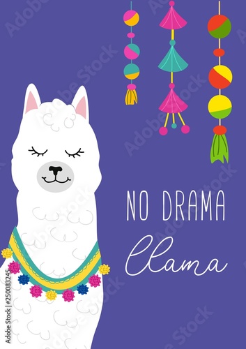 No drama llama inspirational inscription with hand drawn llama and doodles. Cute vector alpaca illustration for greeting cards, posters, invitations, textile etc.