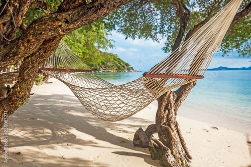 Hammock between green trees on the tropical beach near the sea with turquoise water photo