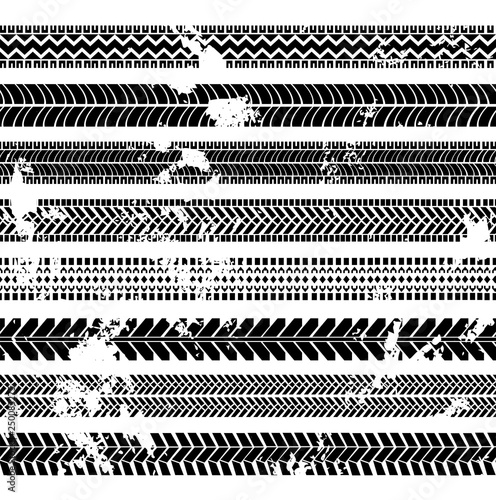 TIre tracks seamless pattern with grunge effect isolated on white background. Tire tracks set with different forms and prints. Vector illustration