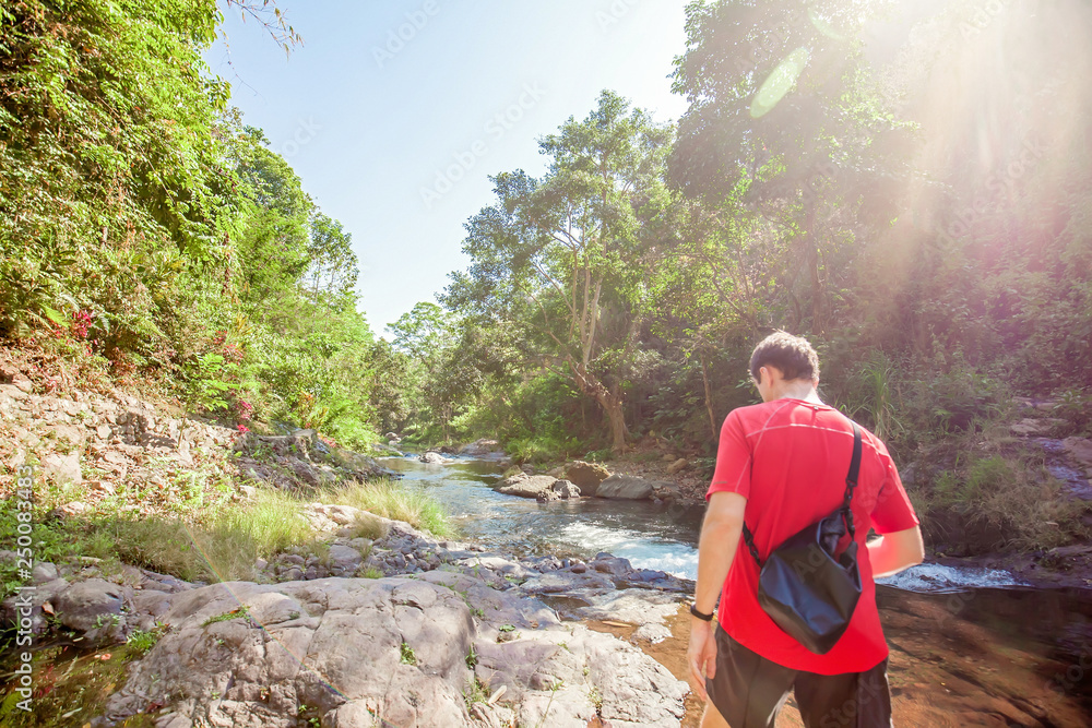 Man walking on the rocks near small river with clean water among green tropical trees and plants while sky is blue on the north of Bali island, Indonesia