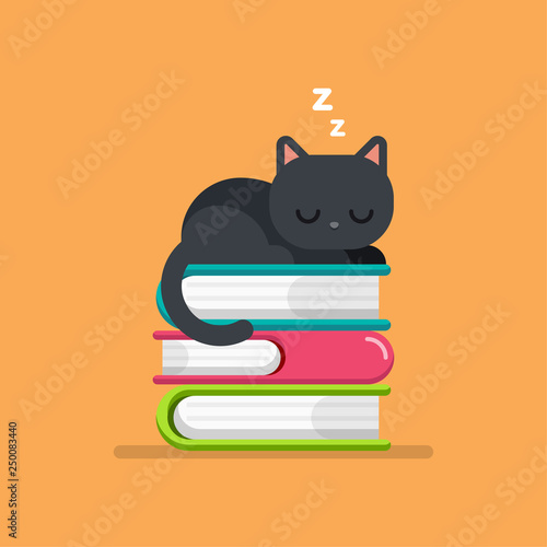 Cute cat sleeping on a Pile of Books, education concept, vector illustration.
