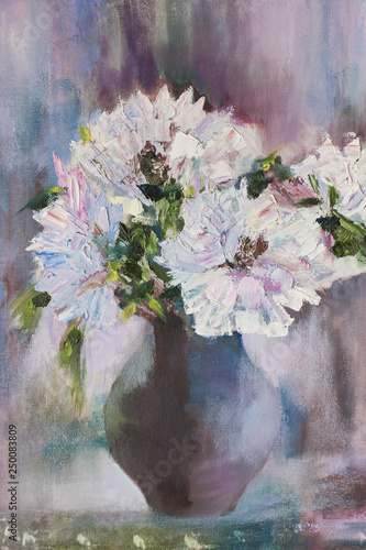 Still life a bouquet of flowers. Oil painting light peonies in vase. Hand oil painting on canvas
