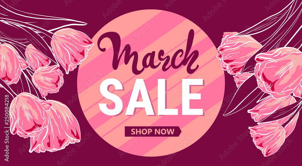 Round banner template for International Women's Day on pink background. lettering. Flyer for March 8 with decor of tulip. Invitations with frame of spring plants, leaves and flowers. Vector sale