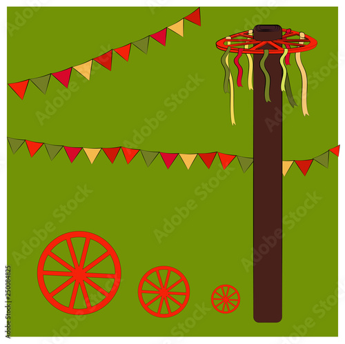 Wooden pillar whith Red wheel and colorful ribbons. Shrovetide or Maslenitsa. Elements Russian national holiday. Educational cards or greeting cards. fair attributes Vector illustration