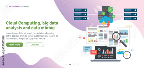 Cloud Computing, big data  analysis and data mining. Laptop accessing data from cloud computers. Data network and business intelligence. Flat design for web banner in vector illustration.