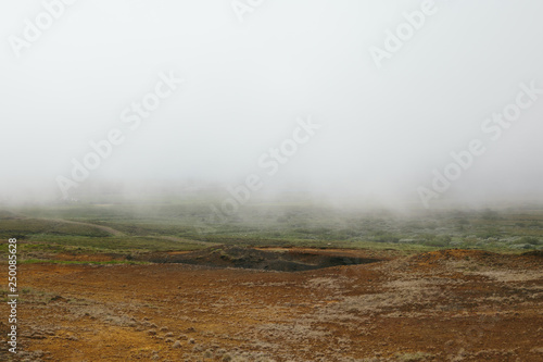 Abstract countryside landscape, farm land, brown ground and green meadows with bushes in a dense fog on a summer day. Minimalist scenery in Northeastern Region, Iceland