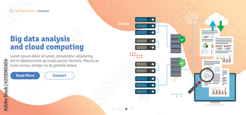 Big data analysis and cloud computing. Laptop accessing data from cloud computers. Data network and business intelligence. Flat design for web banner in vector illustration.
