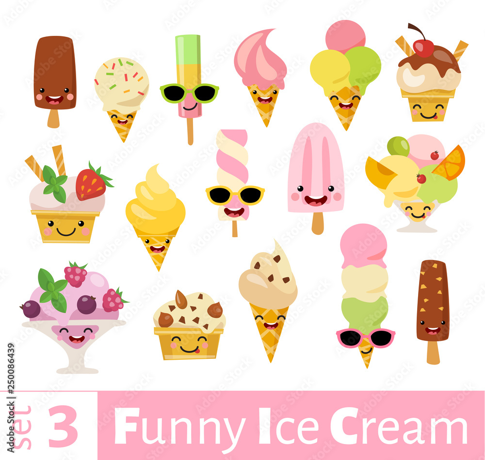 Vector set of funny food emoji icons of ice cream Vector set of funny food emoji icons of ice cream