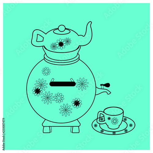 Samovar with utensils for tea with floral ornament. Outline vector illustration Teapot, cup and saucer. linear icon isolated on a blue background