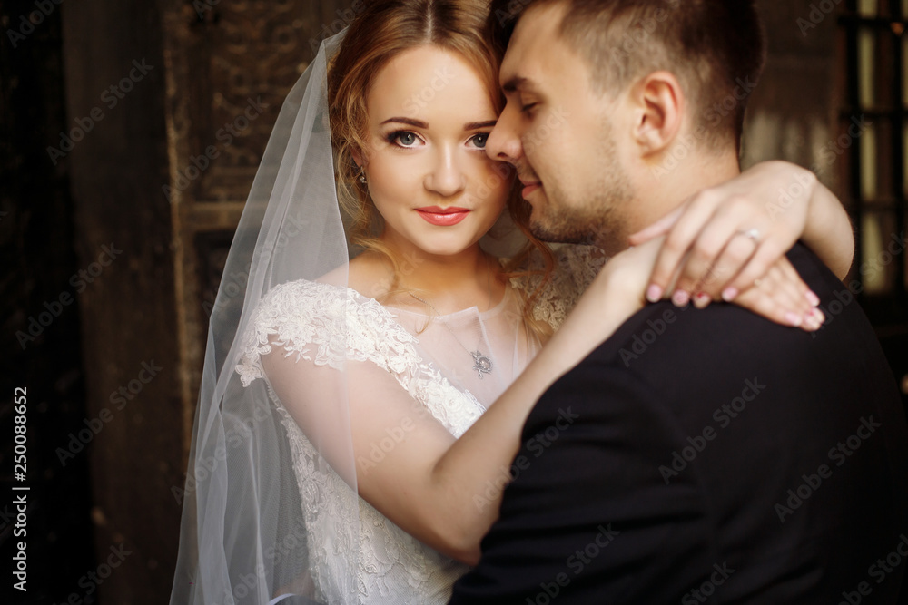 elegant wedding couple hugging in old courtyard in european street. luxury bride and groom embracing. romantic sensual moment elegant wedding couple hugging in old courtyard in european street. luxury bride and groom embracing. romantic sensual moment