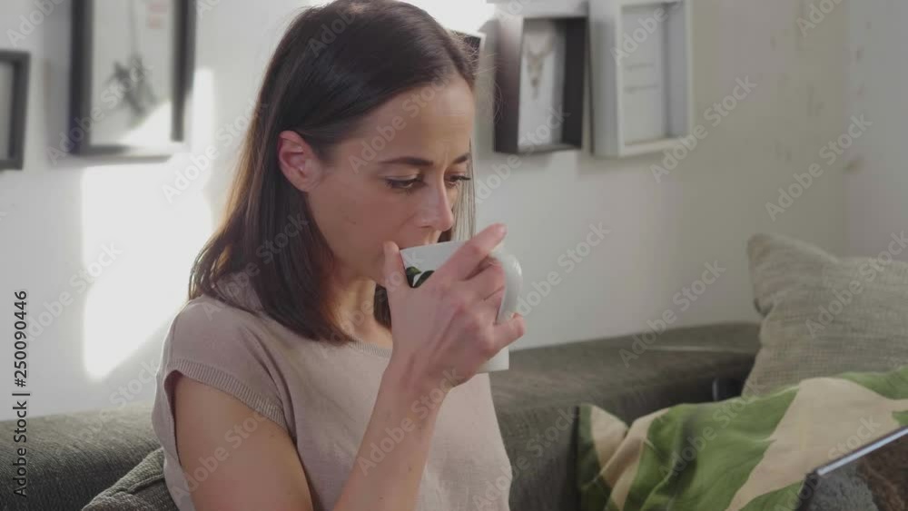 Young woman sits on the couch and works on her laptop Young woman sits on the couch and works on her laptop