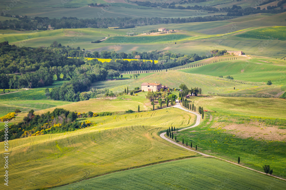 A lonely farmhouse between tuscan rolling hills. Val d'Orcia, Siena province, Tuscany, Italy