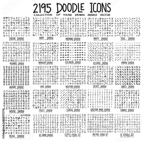 Big set of doodles vector icon soccer, wedding, party, tool, business, workout, music, kitchen, arrow, business, love, weather, sport, leave, fruit, school, mark, ice cream, coffee, meeting eps10