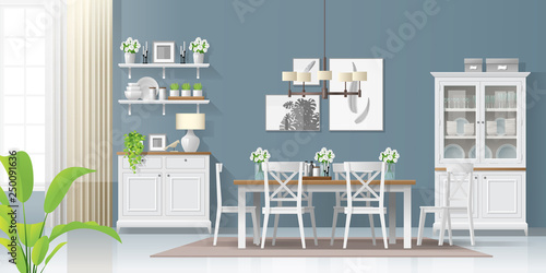 Interior background with dining room in modern rustic style , vector , illustration