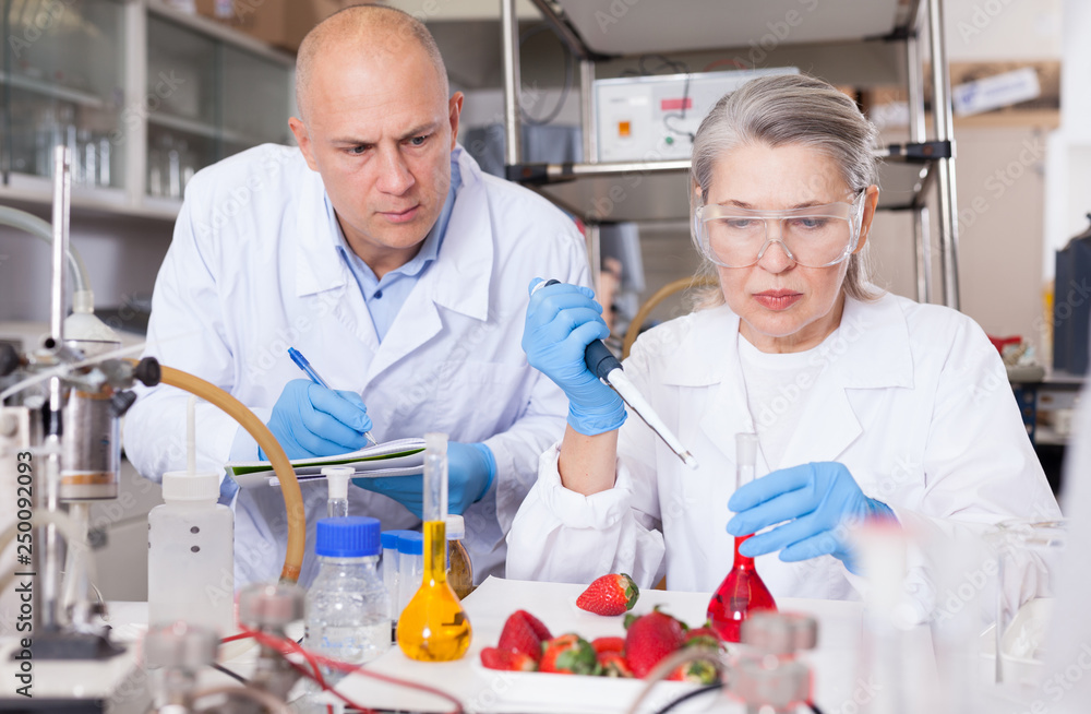 Fototapeta premium Biochemists recording experimental procedure and results