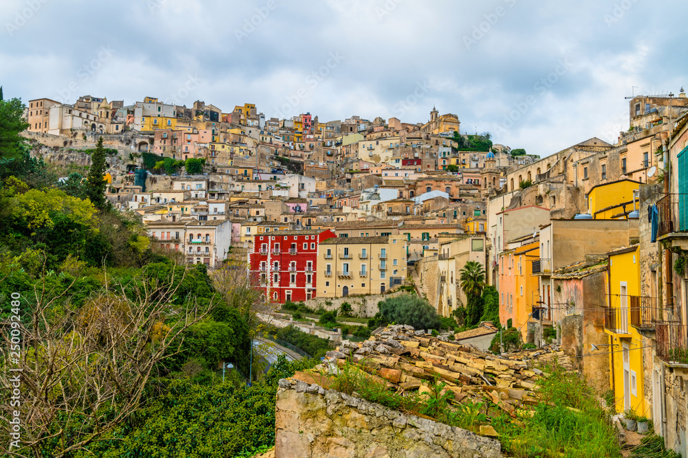 Cityscape of the modern upper part of ancient town Ragusa, Sicily, Italy