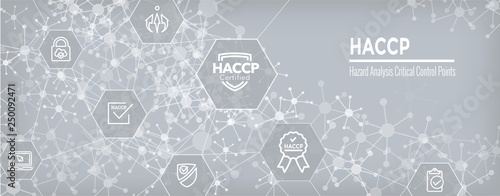 HACCP - Hazard Analysis Critical Control Points icon set and web header banner with award or checkmark