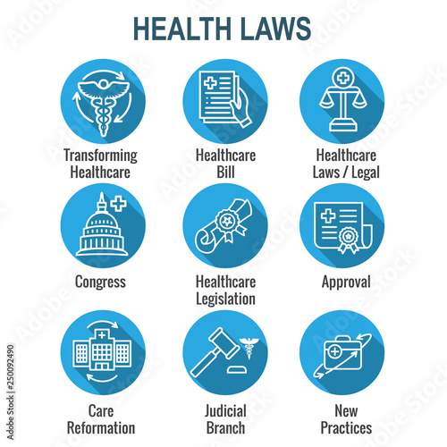 Health Laws and Legal icon set depicting various aspects of the legal system