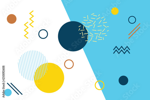 Abstract background pattern made with colorful, geometric shapes. Modern, playful, memphis style vector art in yellow, blue and orange colors..