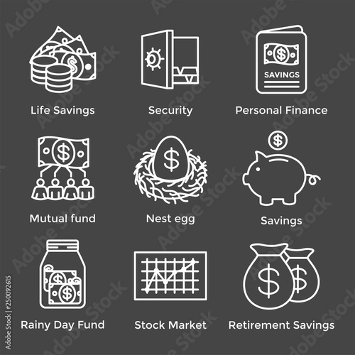 Retirement Account and Savings Icon Set w Mutual Fund, Roth IRA, etc