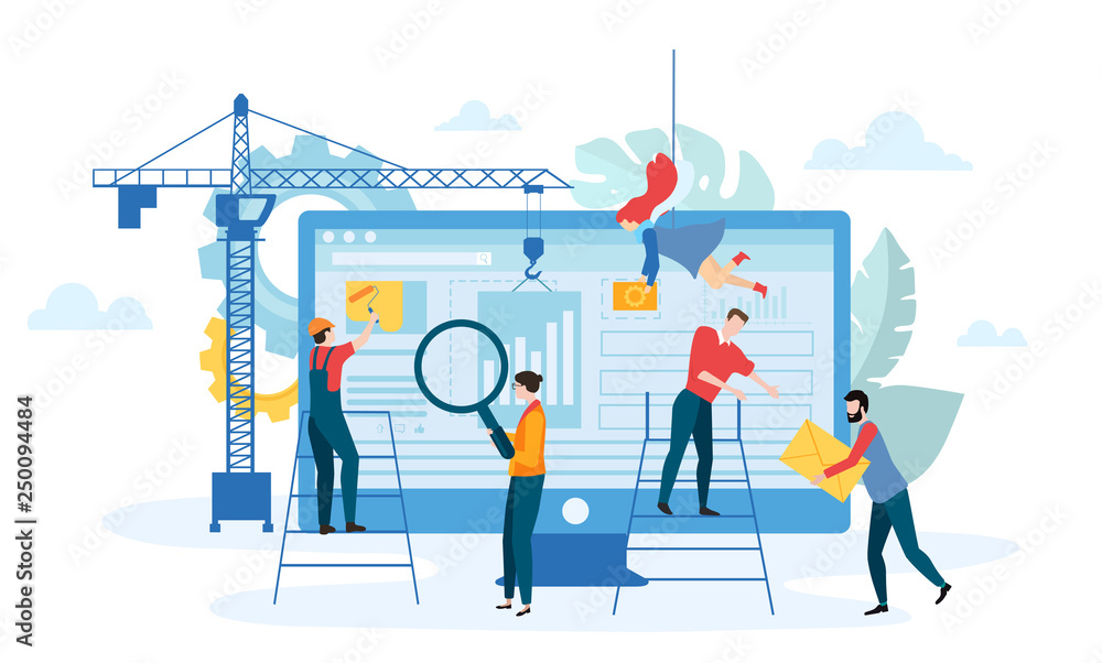 Web development. Template with computer and people creating website. Web development. Template with computer and people creating website.