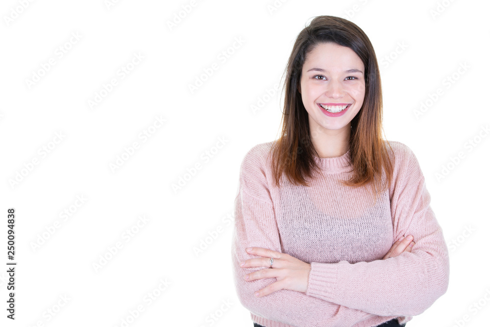 portrait of young happy woman in side with copy space blank white background portrait of young happy woman in side with copy space blank white background