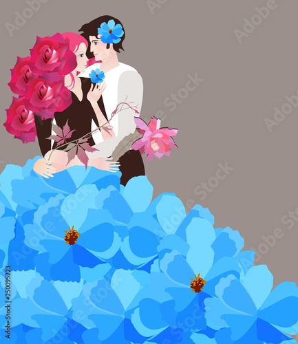The bride with a hair-dress in the form of a bouquet of roses and in a lush skirt of blue petals hugs her fiance. Template for wedding invitation, greeting card, banner. Place for text.